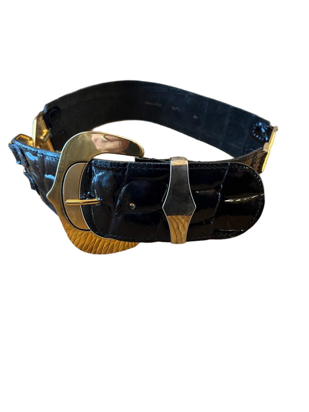 VTG Made in Italy Wide Black Leather Croc look Belt Gold Crescent Buckle size M
